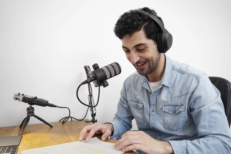 Man With Microphone Running Podcast Studio